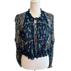 Anthropologie Womens Babydoll PeasantTop Size L Floral Boho Sheer Croppped